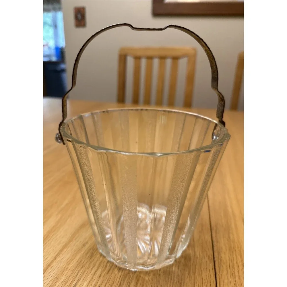 Vintage MCM Crystal Glass Ice Bucket Metal Handle Heller Co. Brooklyn NY Deco
